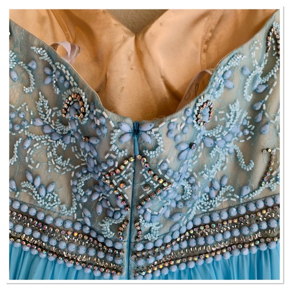 Cassandra Stone Evening Gown Beaded Jewel Bodice Pleated Long Dress Blue Size 4 - Picture 14 of 15